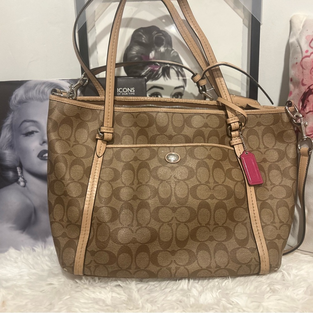Coach Tan and Pink Signature Shoulder Bag